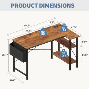 CONCETTA 39 inch Gaming Computer Desk with Power Outlet & LED Strip, Reversible Storage Shelves for Home Office