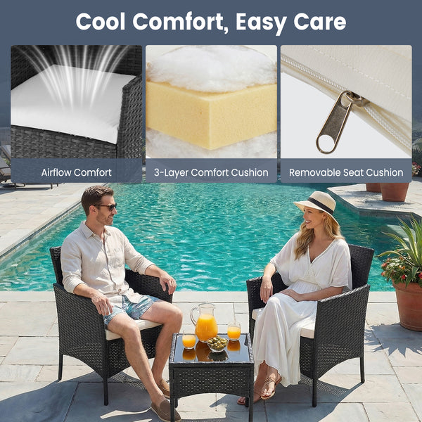 CONCETTA Patio Furniture Set, Wicker Outdoor PE Rattan Furniture with Coffee Table & Washable Cushion, Compact Bistro Conversation Seating for Balcony, Garden, Poolside, Porch