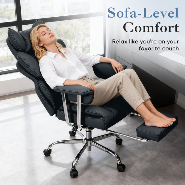 CONCETTA Big and Tall Office Chair, Scratch-Resistant PU Leather Executive Desk Chair with Footrest, Spring Lumbar Support, Wide Reclining Seat, White