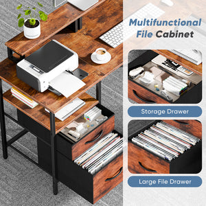 CONCETTA Modern L-Shaped Computer Desk with Power Outlet, Reversible Gaming Desk, Fabric Drawer & 2 Monitor Stands for Home Office, Rustic