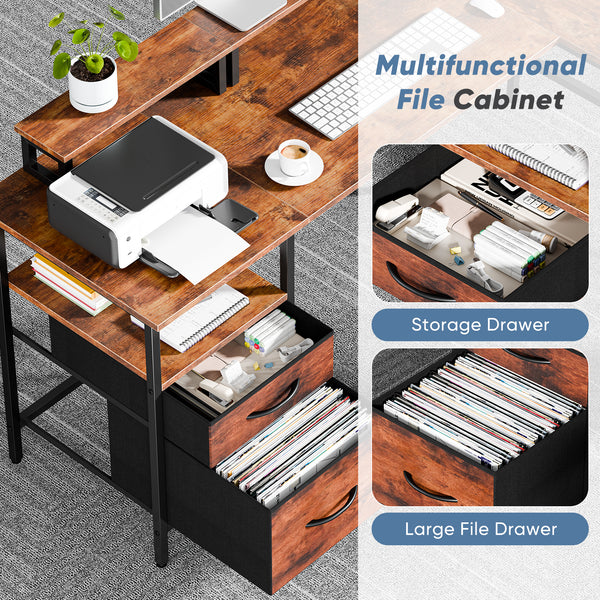 CONCETTA Modern L-Shaped Computer Desk with Power Outlet, Reversible Gaming Desk, Fabric Drawer & 2 Monitor Stands for Home Office, Rustic
