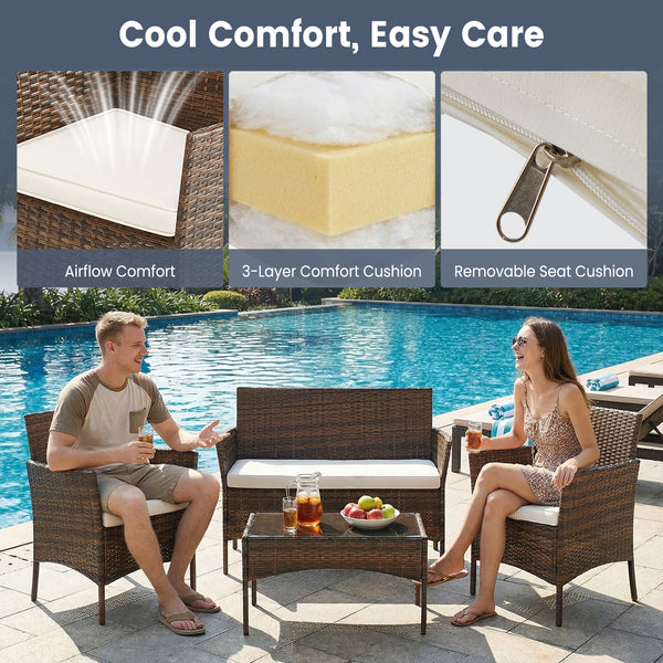 CONCETTA Patio Furniture Set, Wicker Outdoor PE Rattan Furniture with Coffee Table & Washable Cushion, Compact Bistro Conversation Seating for Balcony, Garden, Poolside, Porch
