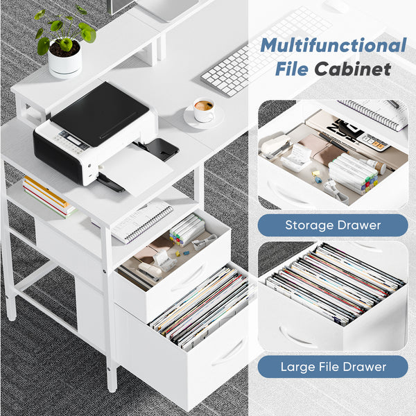 CONCETTA Modern L-Shaped Computer Desk with Power Outlet, Reversible Gaming Desk, Fabric Drawer & 2 Monitor Stands for Home Office, Rustic