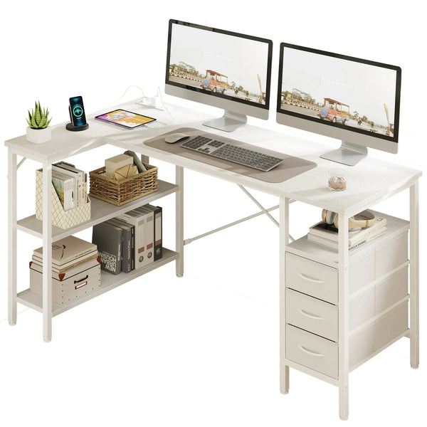 L Shaped Computer Desk with 3 Drawers, Power Outlets, USB Ports, and Monitor Stand, Corner Gaming Desk for Home Office