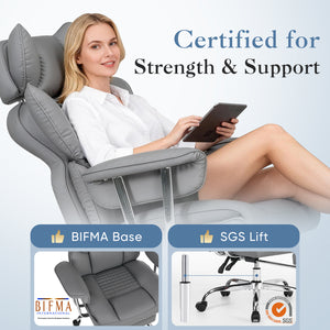 CONCETTA Big and Tall Office Chair, Scratch-Resistant PU Leather Executive Desk Chair with Footrest, Spring Lumbar Support, Wide Reclining Seat, White