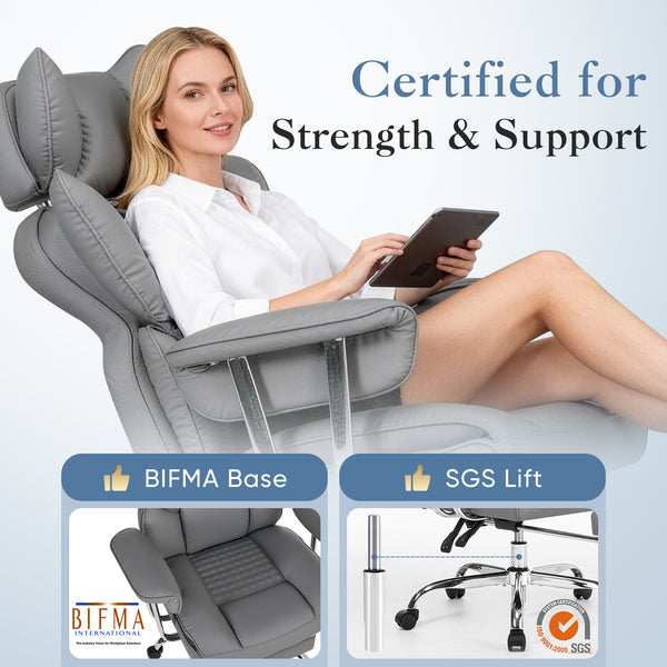 CONCETTA Big and Tall Office Chair, Scratch-Resistant PU Leather Executive Desk Chair with Footrest, Spring Lumbar Support, Wide Reclining Seat, White