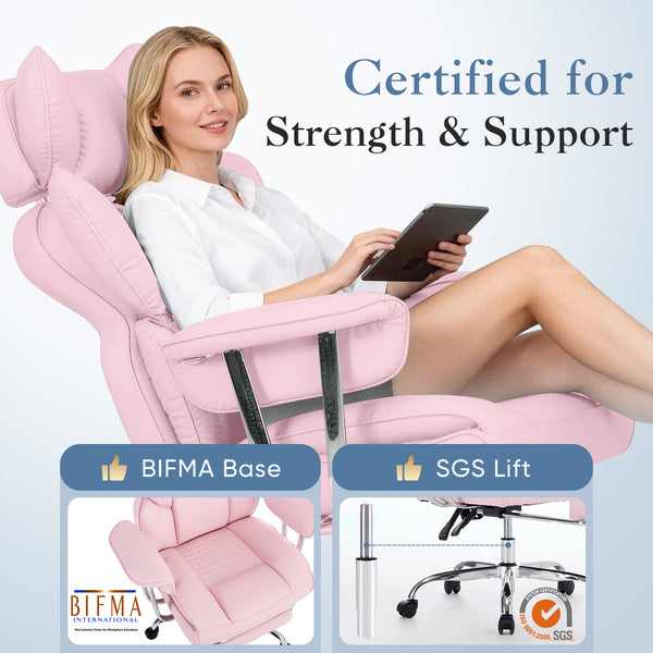 CONCETTA Big and Tall Office Chair, Scratch-Resistant PU Leather Executive Desk Chair with Footrest, Spring Lumbar Support, Wide Reclining Seat, White