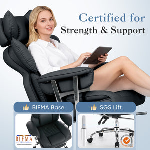 CONCETTA Big and Tall Office Chair, Scratch-Resistant PU Leather Executive Desk Chair with Footrest, Spring Lumbar Support, Wide Reclining Seat, White