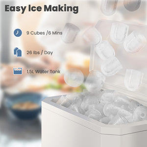 CONCETTA Portable Ice Maker Machine, 26.5 lb/Day Ice, Two Ice Sizes, Self-Cleaning Function, Compact Countertop Ice Maker with Ice Scoop & Basket