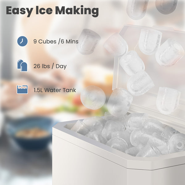 CONCETTA Portable Ice Maker Machine, 26.5 lb/Day Ice, Two Ice Sizes, Self-Cleaning Function, Compact Countertop Ice Maker with Ice Scoop & Basket