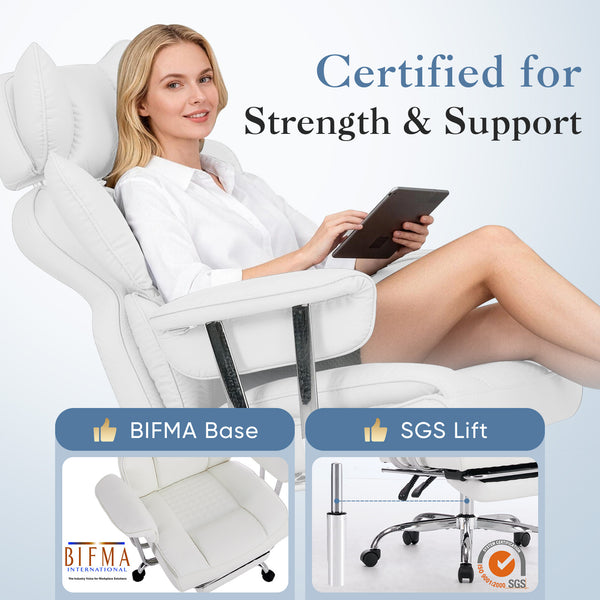 CONCETTA Big and Tall Office Chair, Scratch-Resistant PU Leather Executive Desk Chair with Footrest, Spring Lumbar Support, Wide Reclining Seat, White