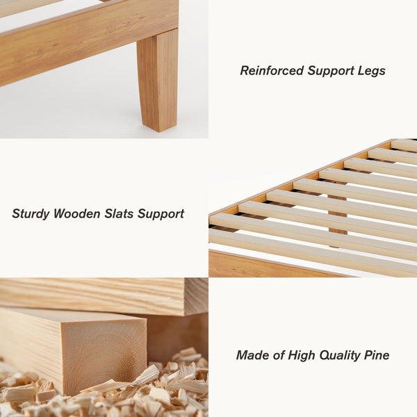 CONCETTA 12 inch Full Natural Pine Platform Bed Frame, Wood Slat Support, No Box Spring Required