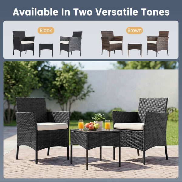 CONCETTA Patio Furniture Set, Wicker Outdoor PE Rattan Furniture with Coffee Table & Washable Cushion, Compact Bistro Conversation Seating for Balcony, Garden, Poolside, Porch