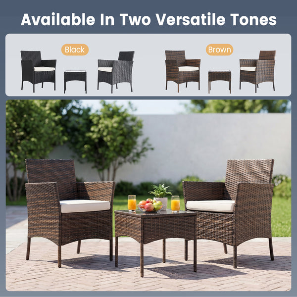 CONCETTA Patio Furniture Set, Wicker Outdoor PE Rattan Furniture with Coffee Table & Washable Cushion, Compact Bistro Conversation Seating for Balcony, Garden, Poolside, Porch