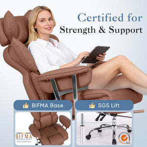 CONCETTA Big and Tall Office Chair, Scratch-Resistant PU Leather Executive Desk Chair with Footrest, Spring Lumbar Support, Wide Reclining Seat, White