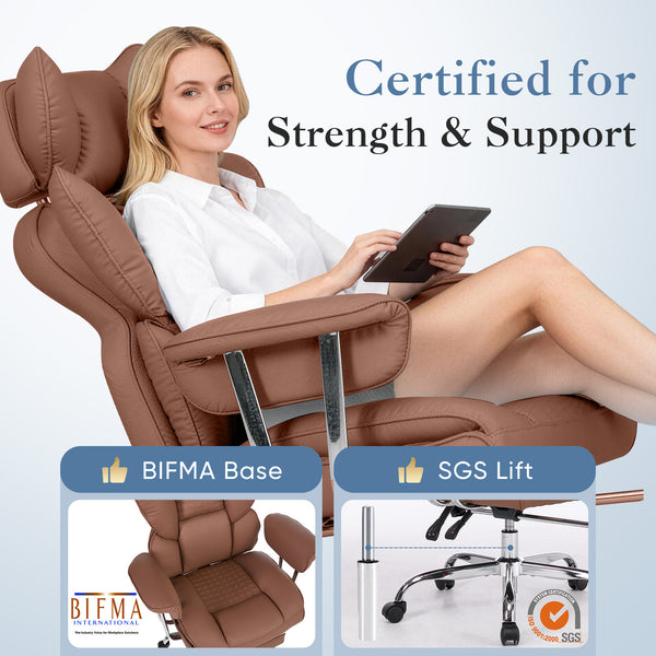CONCETTA Big and Tall Office Chair, Scratch-Resistant PU Leather Executive Desk Chair with Footrest, Spring Lumbar Support, Wide Reclining Seat, White