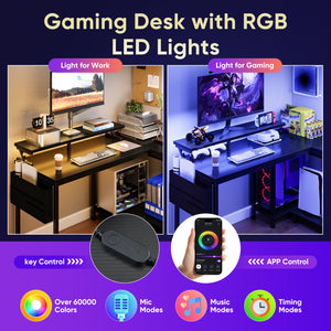 CONCETTA 40" L Shaped Gaming Desk with USB Charging, LED Lights, Power Outlets, Large Storage space, Monitor Stand, Black