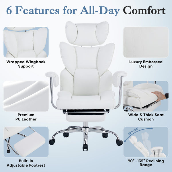 CONCETTA Big and Tall Office Chair, Scratch-Resistant PU Leather Executive Desk Chair with Footrest, Spring Lumbar Support, Wide Reclining Seat, White