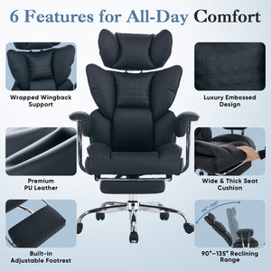 CONCETTA Big and Tall Office Chair, Scratch-Resistant PU Leather Executive Desk Chair with Footrest, Spring Lumbar Support, Wide Reclining Seat, White