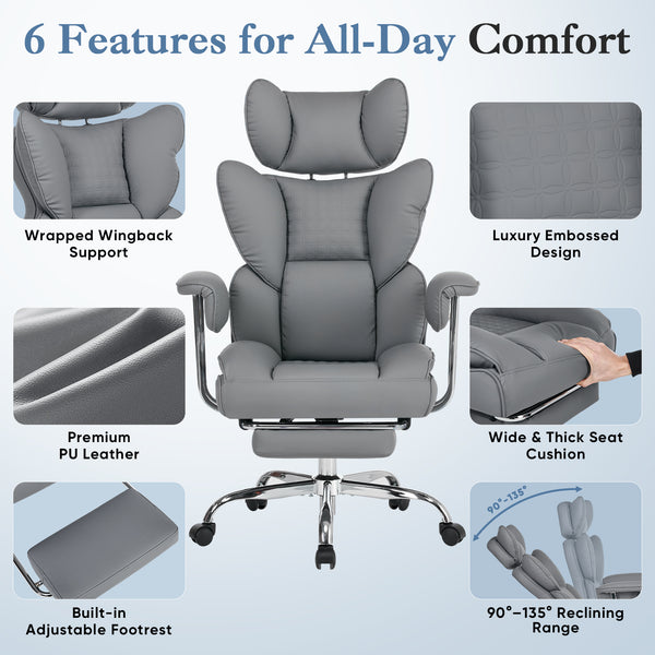 CONCETTA Big and Tall Office Chair, Scratch-Resistant PU Leather Executive Desk Chair with Footrest, Spring Lumbar Support, Wide Reclining Seat, White