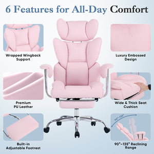 CONCETTA Big and Tall Office Chair, Scratch-Resistant PU Leather Executive Desk Chair with Footrest, Spring Lumbar Support, Wide Reclining Seat, White