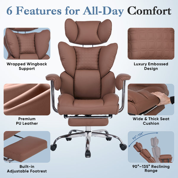 CONCETTA Big and Tall Office Chair, Scratch-Resistant PU Leather Executive Desk Chair with Footrest, Spring Lumbar Support, Wide Reclining Seat, White