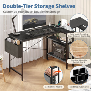 CONCETTA 39 inch Gaming Computer Desk with Power Outlet & LED Strip, Reversible Storage Shelves for Home Office
