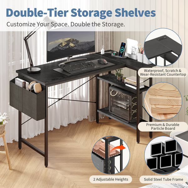 CONCETTA 39 inch Gaming Computer Desk with Power Outlet & LED Strip, Reversible Storage Shelves for Home Office
