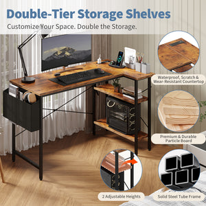 CONCETTA 39 inch Gaming Computer Desk with Power Outlet & LED Strip, Reversible Storage Shelves for Home Office