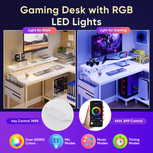 CONCETTA 40" L Shaped Gaming Desk with USB Charging, LED Lights, Power Outlets, Large Storage space, Monitor Stand, Black