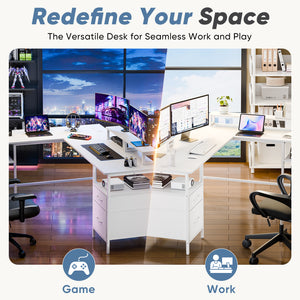 CONCETTA Modern L-Shaped Computer Desk with Power Outlet, Reversible Gaming Desk, Fabric Drawer & 2 Monitor Stands for Home Office, Rustic