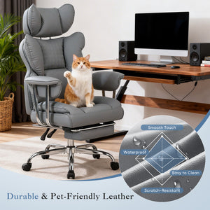 CONCETTA Big and Tall Office Chair, Scratch-Resistant PU Leather Executive Desk Chair with Footrest, Spring Lumbar Support, Wide Reclining Seat, White