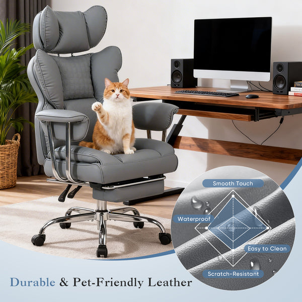 CONCETTA Big and Tall Office Chair, Scratch-Resistant PU Leather Executive Desk Chair with Footrest, Spring Lumbar Support, Wide Reclining Seat, White