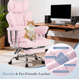 CONCETTA Big and Tall Office Chair, Scratch-Resistant PU Leather Executive Desk Chair with Footrest, Spring Lumbar Support, Wide Reclining Seat, White