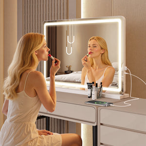 JOINSUN Makeup Mirror with Lights Tabletop, Aluminum Alloy Frame and USB Charging Support, White
