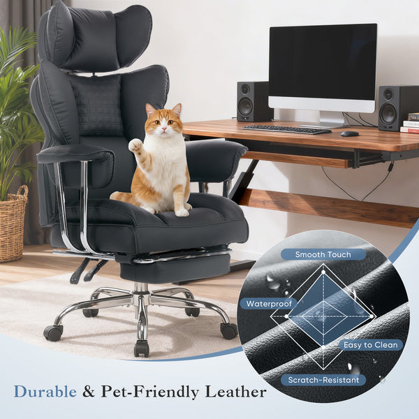CONCETTA Big and Tall Office Chair, Scratch-Resistant PU Leather Executive Desk Chair with Footrest, Spring Lumbar Support, Wide Reclining Seat, White