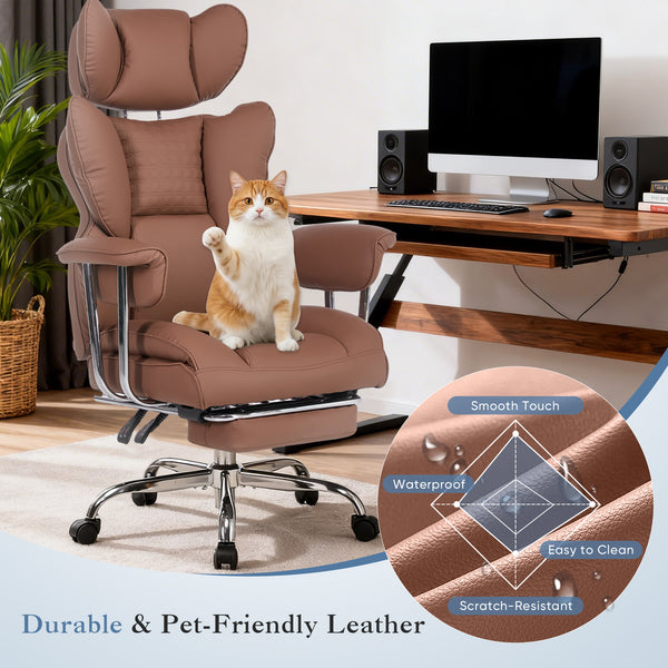 CONCETTA Big and Tall Office Chair, Scratch-Resistant PU Leather Executive Desk Chair with Footrest, Spring Lumbar Support, Wide Reclining Seat, White