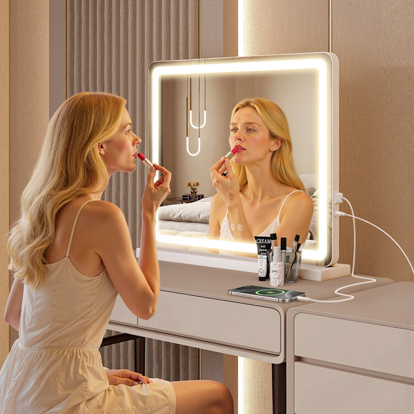 JOINSUN Makeup Mirror with Lights Tabletop, Aluminum Alloy Frame and USB Charging Support, White