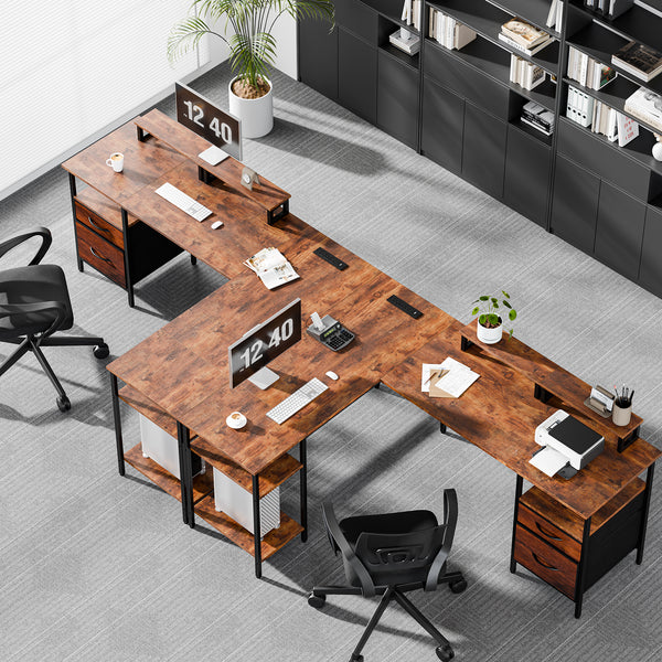 CONCETTA Modern L-Shaped Computer Desk with Power Outlet, Reversible Gaming Desk, Fabric Drawer & 2 Monitor Stands for Home Office, Rustic