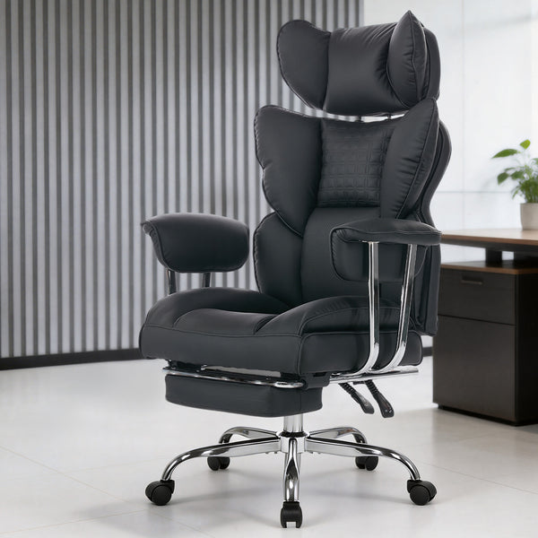 CONCETTA Big and Tall Office Chair, Scratch-Resistant PU Leather Executive Desk Chair with Footrest, Spring Lumbar Support, Wide Reclining Seat, White
