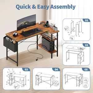 CONCETTA 39 inch Gaming Computer Desk with Power Outlet & LED Strip, Reversible Storage Shelves for Home Office