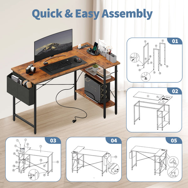 CONCETTA 39 inch Gaming Computer Desk with Power Outlet & LED Strip, Reversible Storage Shelves for Home Office