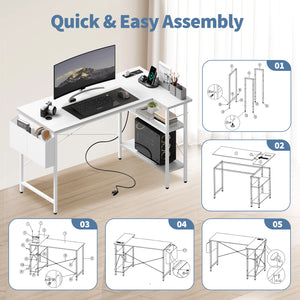 CONCETTA 39 inch Gaming Computer Desk with Power Outlet & LED Strip, Reversible Storage Shelves for Home Office
