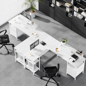 CONCETTA Modern L-Shaped Computer Desk with Power Outlet, Reversible Gaming Desk, Fabric Drawer & 2 Monitor Stands for Home Office, Rustic