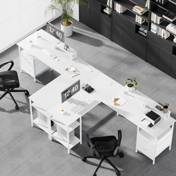 CONCETTA Modern L-Shaped Computer Desk with Power Outlet, Reversible Gaming Desk, Fabric Drawer & 2 Monitor Stands for Home Office, Rustic