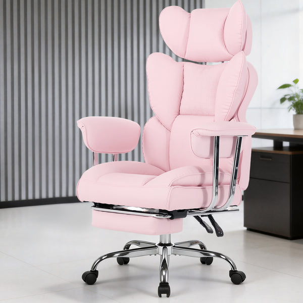 CONCETTA Big and Tall Office Chair, Scratch-Resistant PU Leather Executive Desk Chair with Footrest, Spring Lumbar Support, Wide Reclining Seat, White