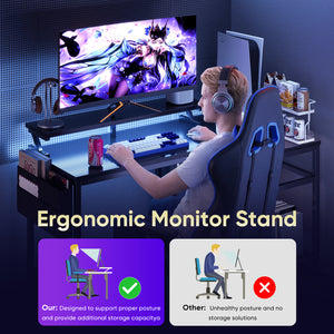 CONCETTA 40" L Shaped Gaming Desk with USB Charging, LED Lights, Power Outlets, Large Storage space, Monitor Stand, Black