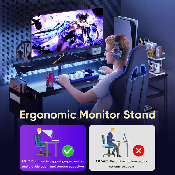 CONCETTA 40" L Shaped Gaming Desk with USB Charging, LED Lights, Power Outlets, Large Storage space, Monitor Stand, Black