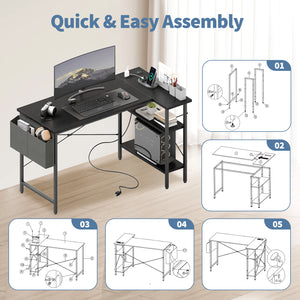 CONCETTA 39 inch Gaming Computer Desk with Power Outlet & LED Strip, Reversible Storage Shelves for Home Office