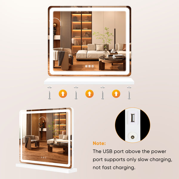 JOINSUN Makeup Mirror with Lights Tabletop, Aluminum Alloy Frame and USB Charging Support, White